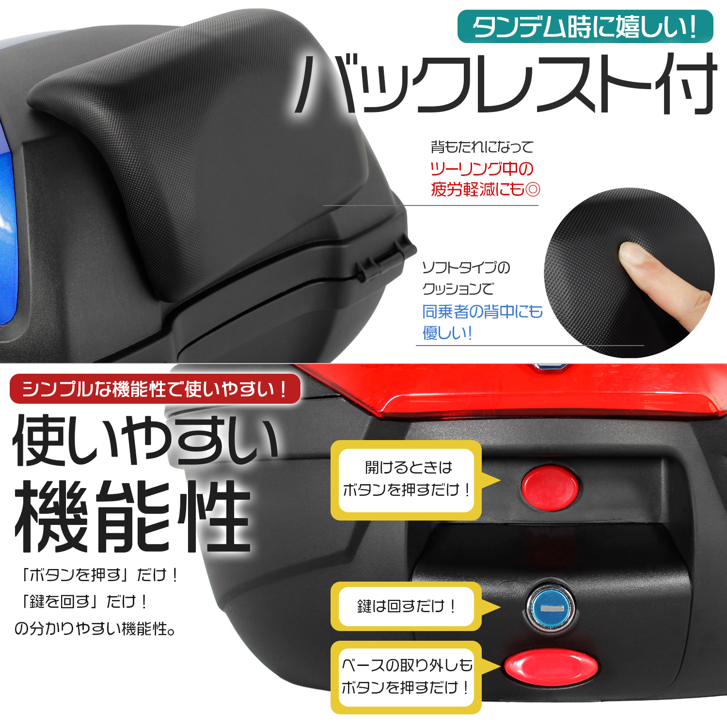 リアボックス 32L 大容量 トップケース バックレスト付 ブルー ベース