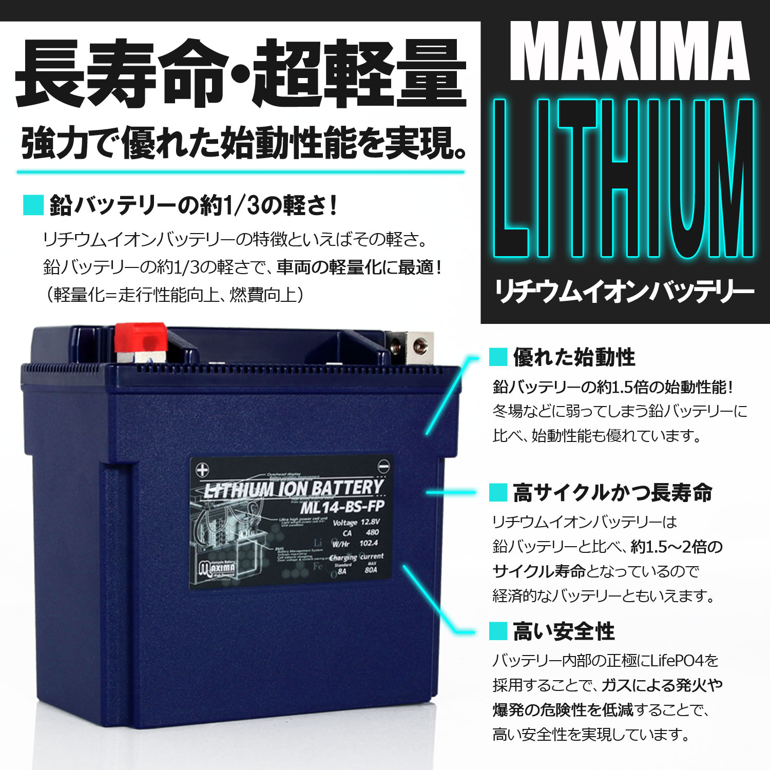 バイク用リチウムイオンバッテリー ML14-B...の詳細画像2