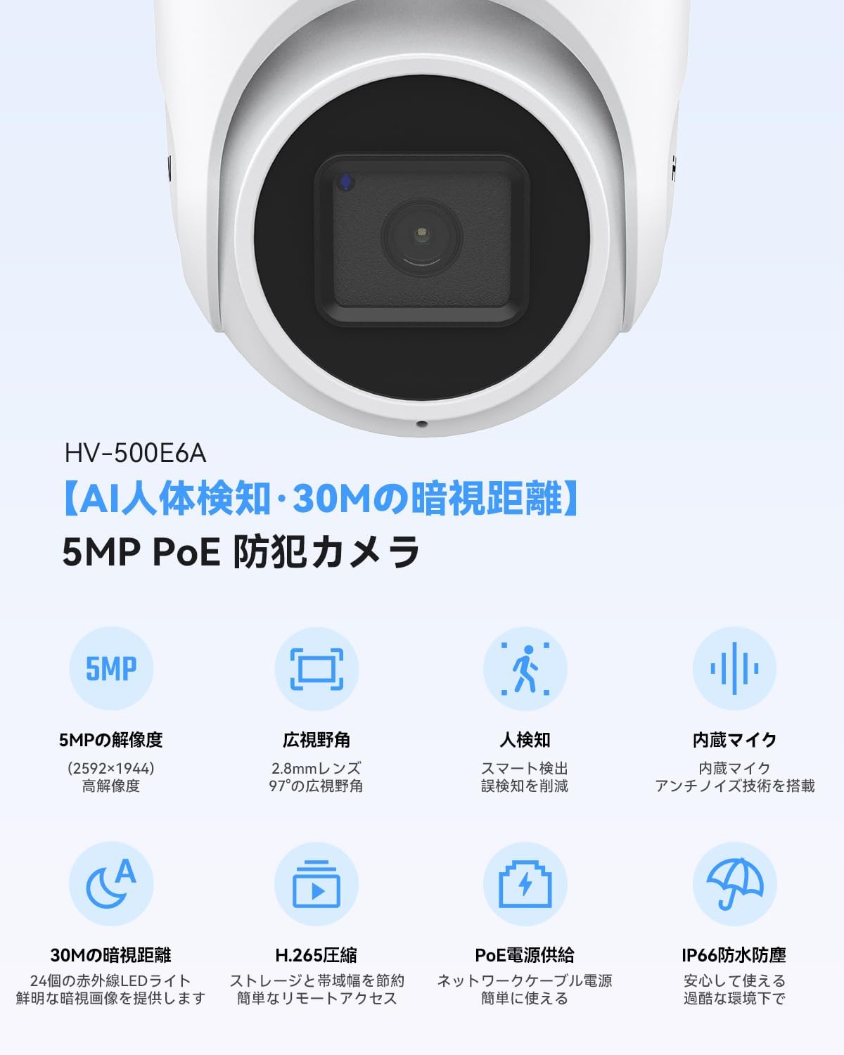 H.VIEW 防犯カメラ 屋内外兼用 ドーム型 500万画素 PoE給電 IP66防水