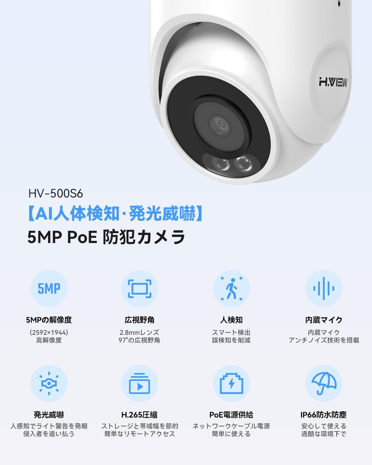 H.VIEW H.View 防犯カメラ 屋外 屋内 ドーム型 500万画素 PoE給電 有線