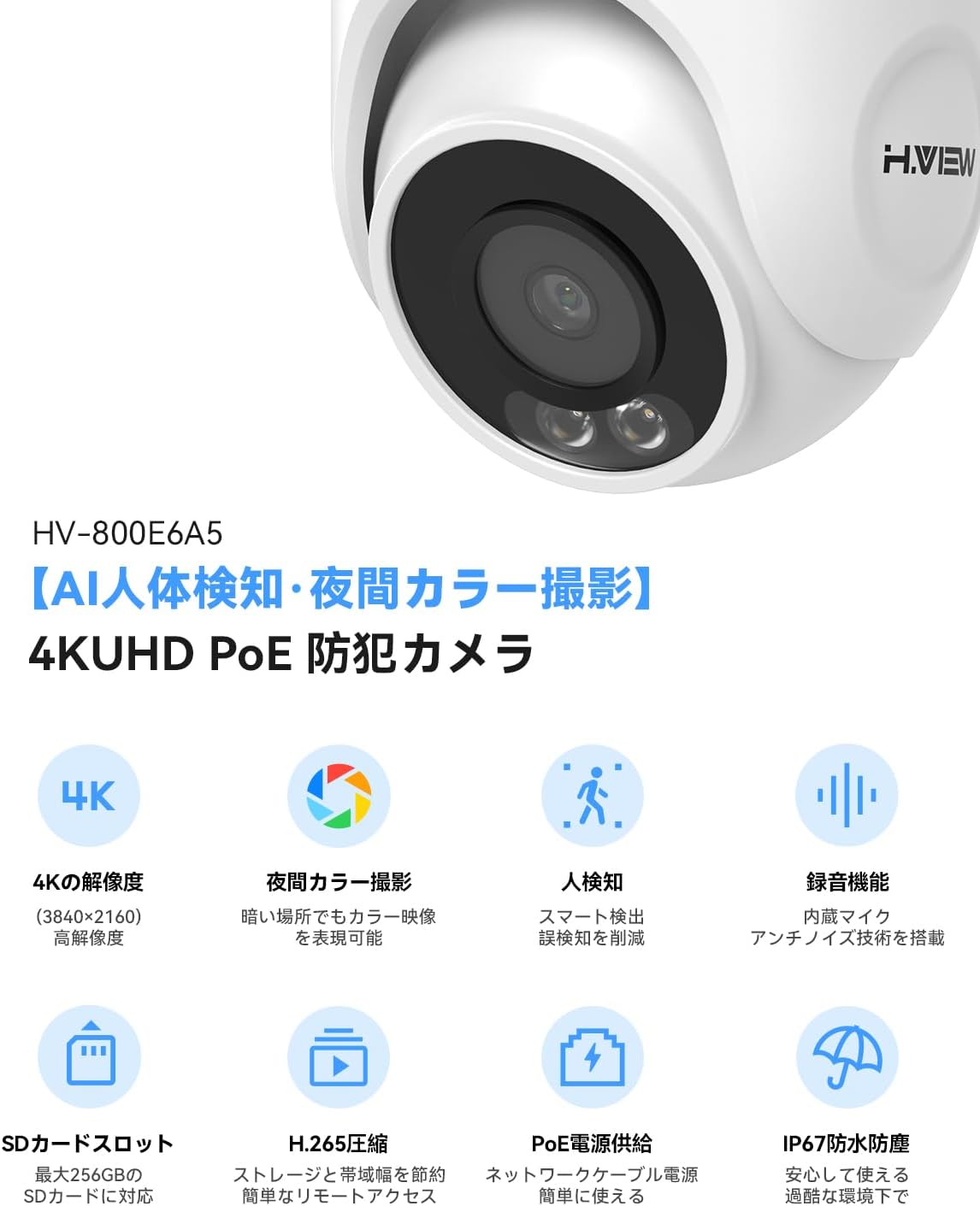 H.VIEW H.View 防犯カメラ 屋外 屋内 増設用防犯カメラ 単品 800万画素