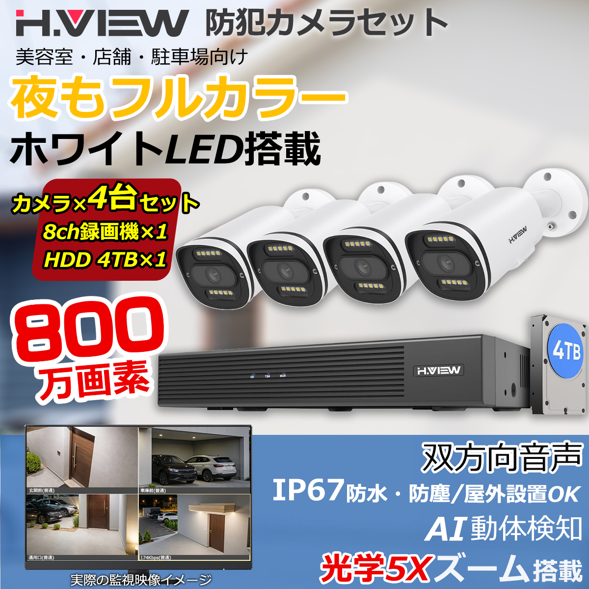 H.VIEW 【4K画質・フルカラー撮影・双方向音声】H.View 防犯カメラ