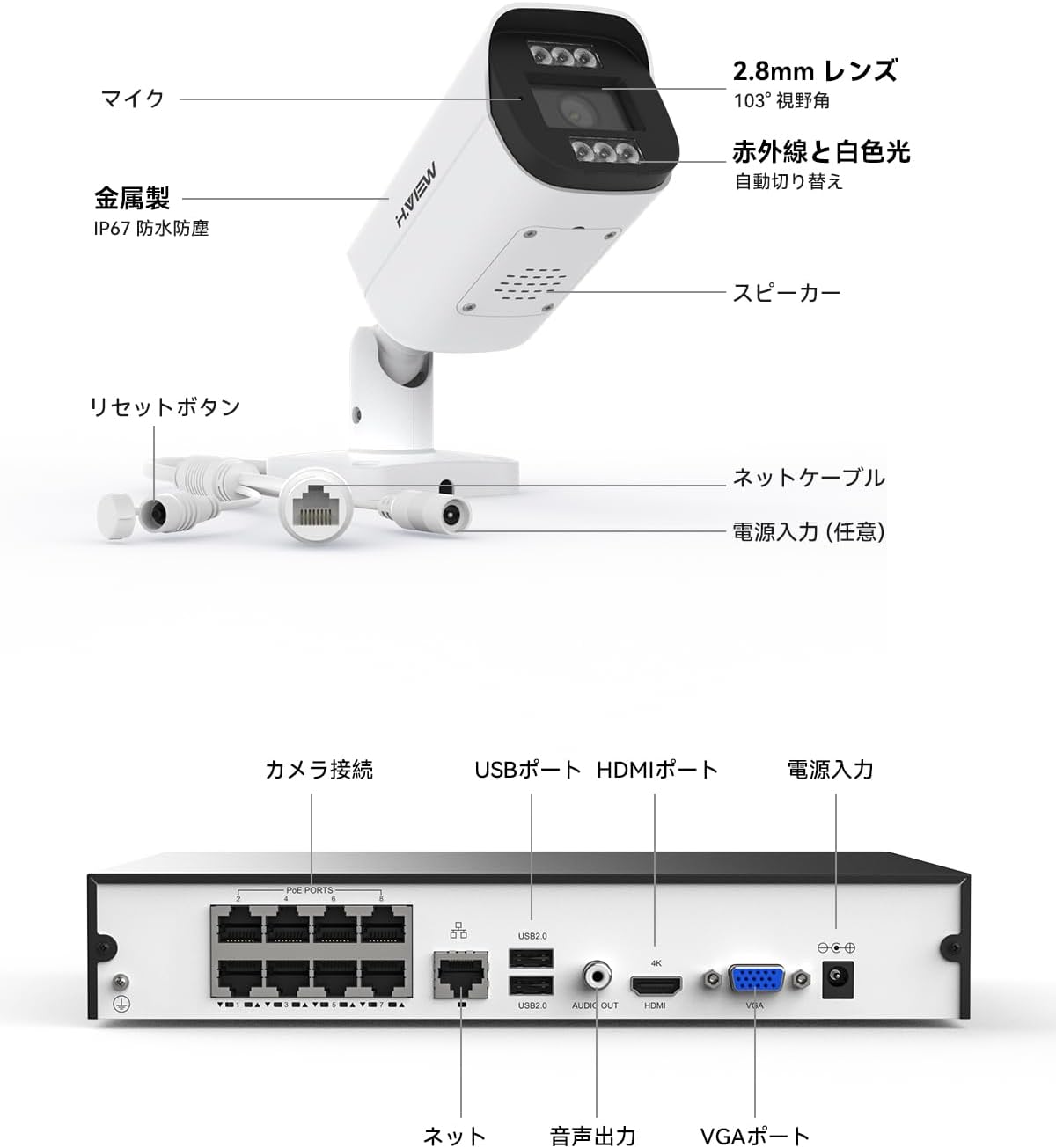 【4K・発光威嚇・双方向音声】H.VIEW 防犯カメラ 屋外 業務用 800万画素 6台セット NVR 録画機付き POE IP67 HDD4TB搭載 IPカメラ 監視カメラの画像