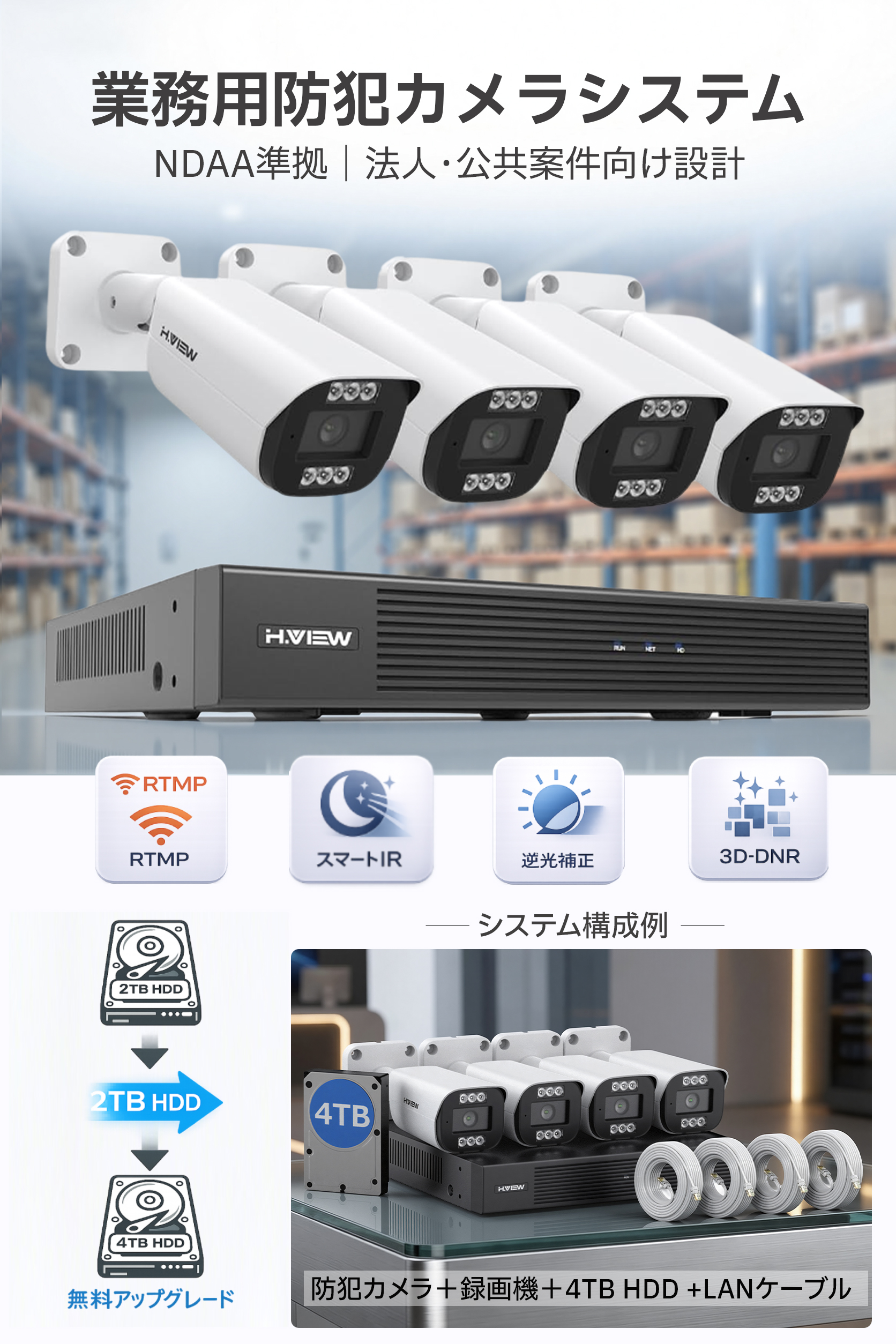 H.VIEW 防犯カメラ 800万画素 1〜8台選択可 業務用 ネットワークカメラ