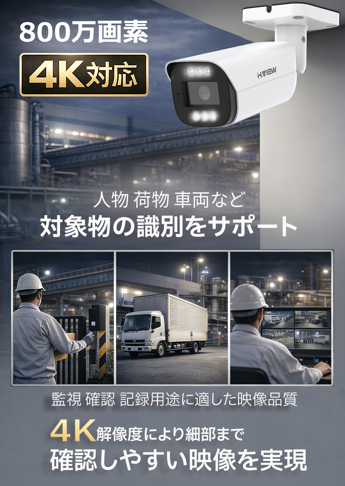 H.VIEW 防犯カメラ 800万画素 1〜8台選択可 業務用 ネットワークカメラ
