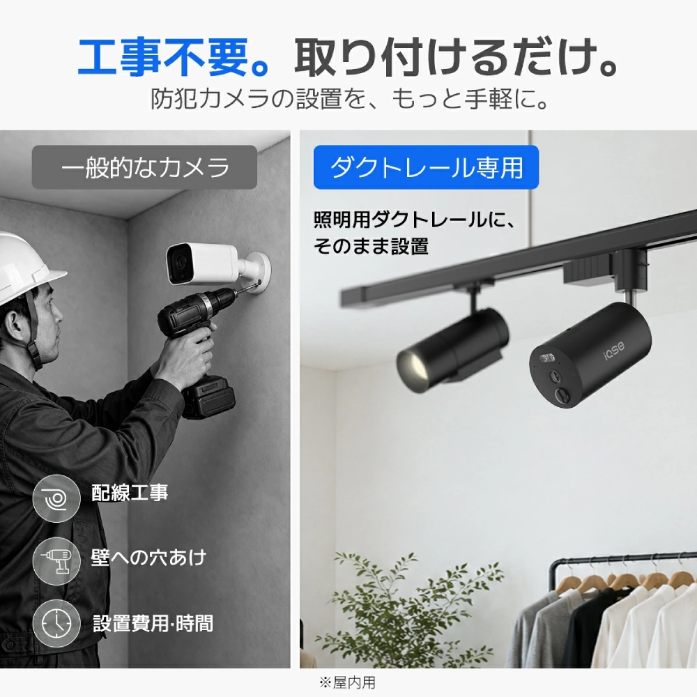 IQSE-G1 防犯カメラ 屋内 ダクトレール 工事不要 WiFi6 300万画素