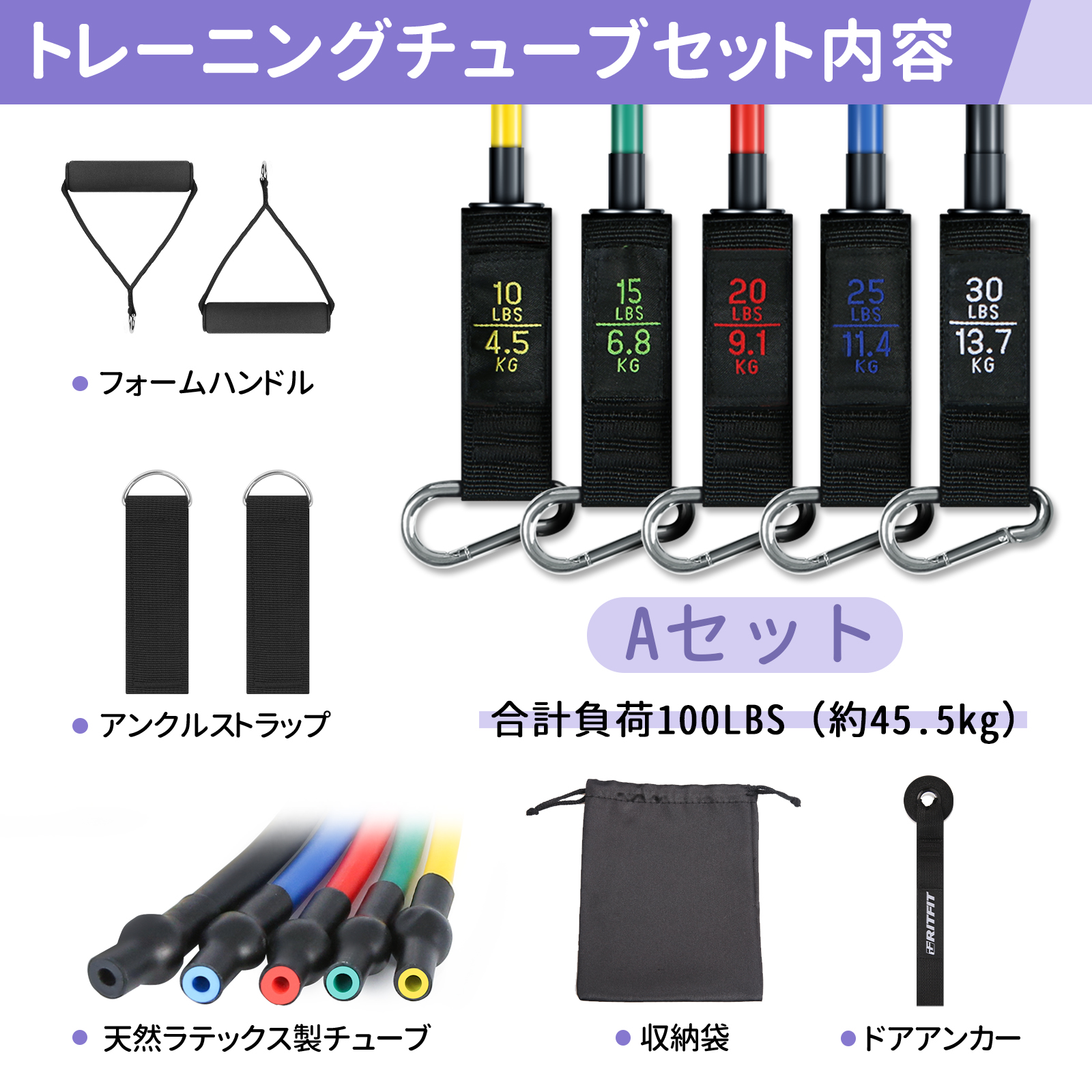 RITFIT トレーニングチューブセット 強度別5本セット フィットネス