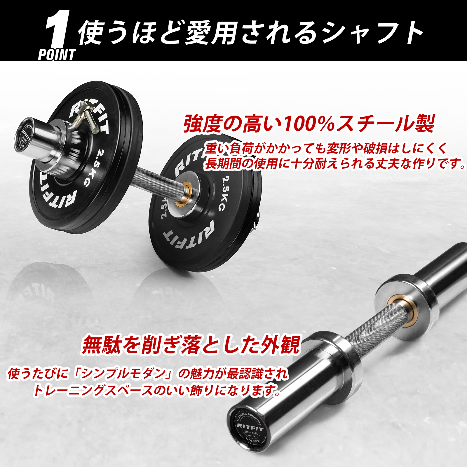 即納 RITFIT ダンベル ステンレス製 バーベルシャフト 2個セット ペア 筋トレ ホームジム 家庭用 鉄アレイ 一体成型 コンパクト 収納便利  スチール