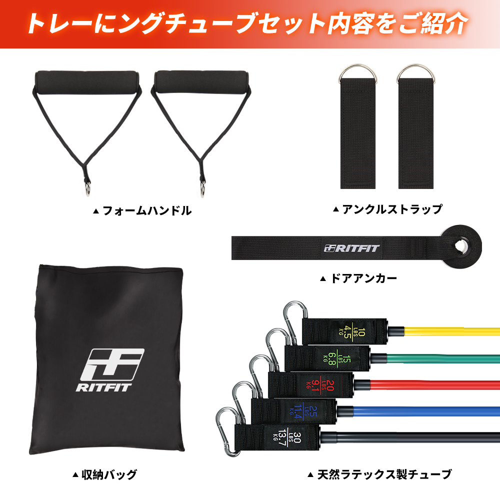 RITFIT トレーニングチューブセット 強度別5本セット フィットネスチューブセット ラテックスチューブ ヨガ ストレッチに適用