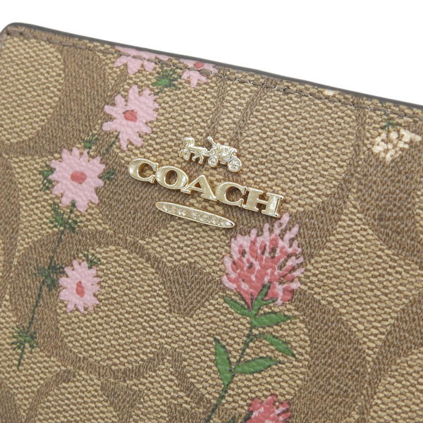 COACH(コーチ) 2つ折り財布 シグネチャー柄 C8734 ベージュ×カーキ×マルチ 花(フラワー) レザー COACH - COACH(コーチ) 2つ折り財布 シグネチャー柄 C8734 ベージュ