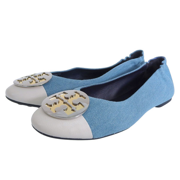 トリーバーチ 靴 レディース パンプス アウトレット 23.5cm デニムレザー ブルーホワイト CLAIRE CAP TOE BALLET 161388 400235 TORY BURCH