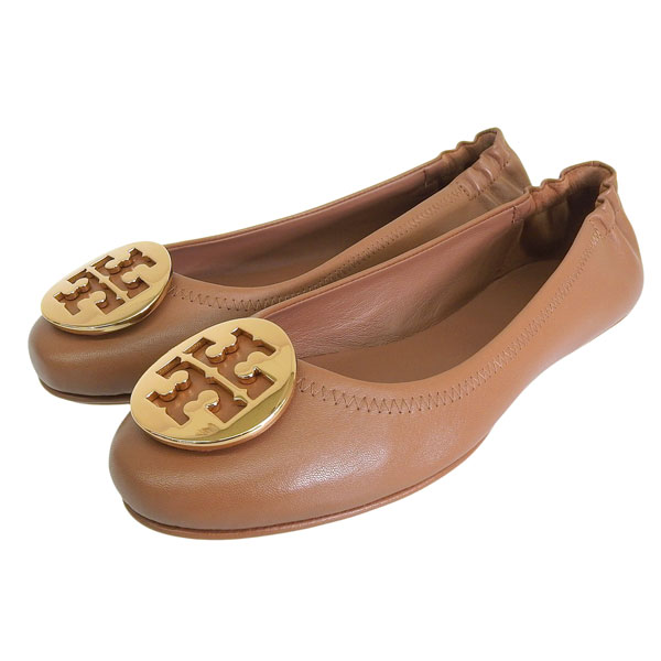 トリーバーチ 靴 レディース パンプス アウトレット 25cm レザー ブラウン MINNIE TRAVEL BALLET WITH METAL LOGO 50393 23225 TORY BURCH