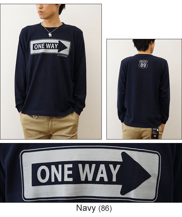 ロンＴ ONE WAY オリジナル アメカジ プリント 長袖 Tシャツ メンズ レディース 大きいサイズ インナー ワンウェイ アメリカ 看板 標識  白 黒 LRT-ONEWAY