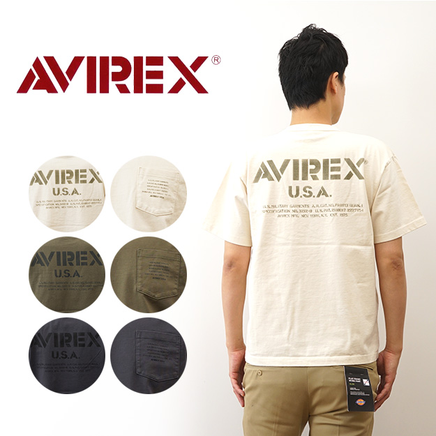 AVIREX アヴィレックス Tシャツ ミリタリー ステンシル オフィシャル ロゴ メンズ ポケT ポケット プリント 半袖 大きいサイズ ブランド 綿100% 7834134047 | AVIREX