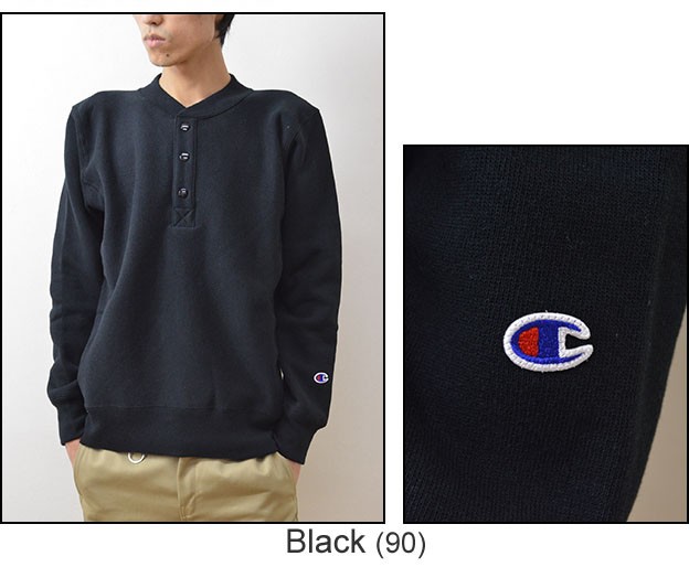 Champion（チャンピオン） リバースウィーブ ヘンリーネック スウェット メンズ トレーナー ハーフスナップ スエット 厚手 ヘビー 裏起毛  無地 青単タグ C3-G001