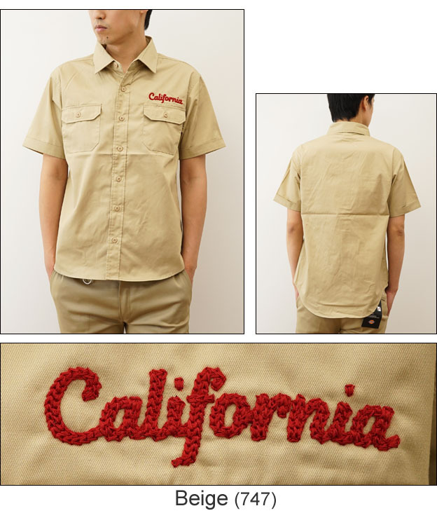 ワークシャツ チェーンステッチ 刺繍 ジーンズ オリジナル California チェーンステッチ 刺繍 半袖
