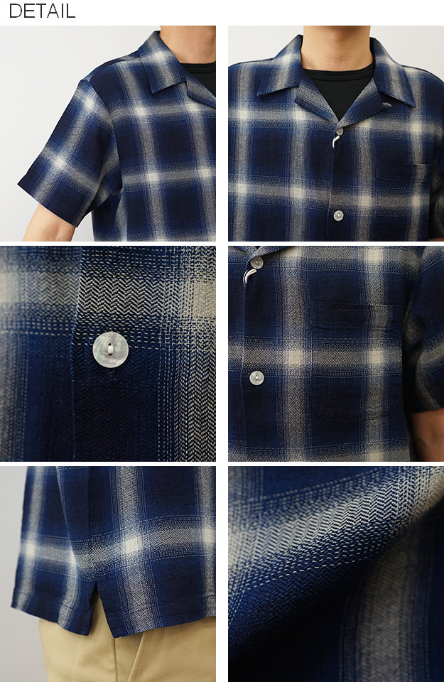 HOUSTON ヒューストン オンブレー チェック 半袖 シャツ メンズ インディゴ ヘリンボーン ツイル 綿100% アメカジ アメリカ 古着風 おしゃれ 春 夏 秋 41165 | HOUSTON | 06