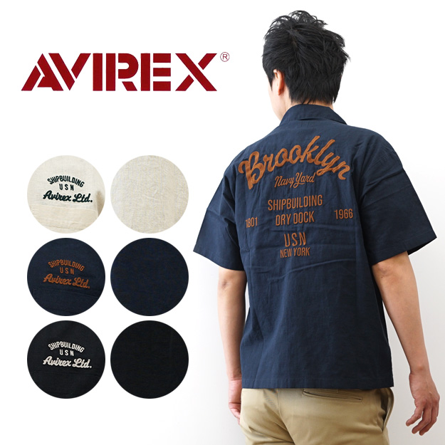 大きいサイズ アヴィレックス 半袖シャツ 切りっぱなし メタルボタン 刺繍 XL AVIREX（アヴィレックス） リネン コットン 半袖 シャツ Brooklyn 刺繍