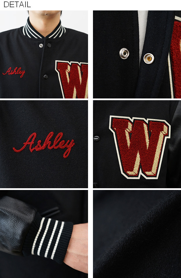 HOUSTON スタジャン L 刺繍 ワッペン レザー袖 ブラック HOUSTON（ヒューストン） スタジャン メルトンアワード ジャケット