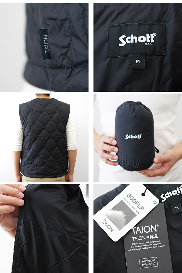 美品　Schott x TAION ショット インナーダウンベスト　M 黒 楽天市場】ショット×タイオン メンズ ダウンベスト Schott x TAION