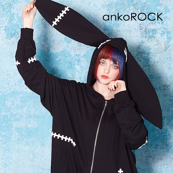 ankoROCK アンコロック パーカー メンズ ジップパーカー レディース ユニセックス 無地 ジップアップパーカー スウェット ビッグシルエット  ウサ耳 うさ耳