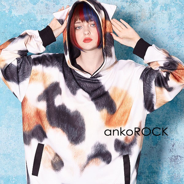 ankoROCK アンコロック パーカー メンズ プルオーバー レディース ユニセックス 猫耳 ネコ耳 ネコ ねこ ミケネコ プリント ビッグシルエット 三毛猫｜rock-the-bell｜02