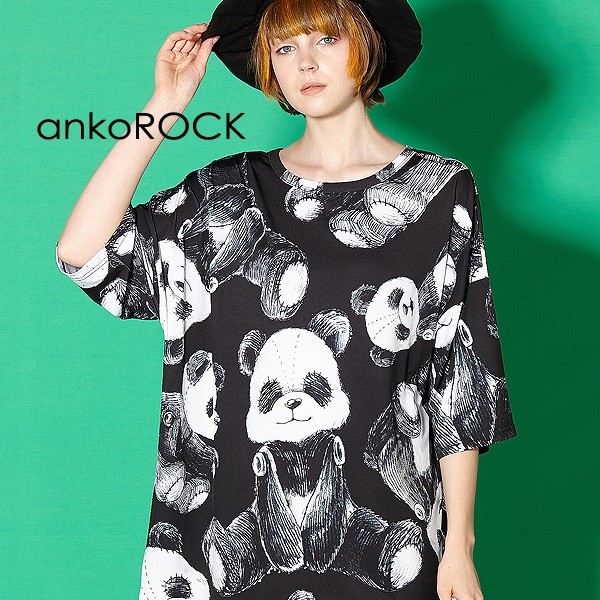 ankoROCK アンコロック ビッグ Tシャツ メンズ カットソー レディース ユニセックス 半袖 ビッグシルエット 黒 パンダ ぬいぐるみ 総柄｜rock-the-bell｜02