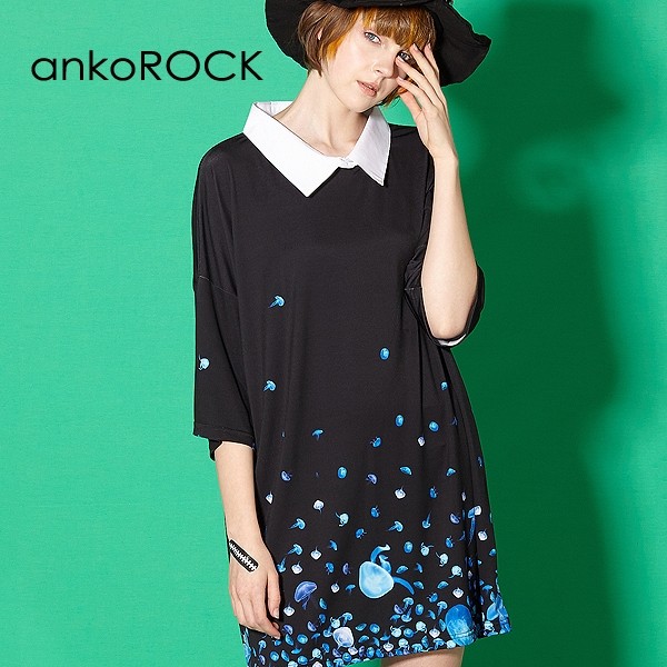 ankoROCK アンコロック ビッグ Tシャツ メンズ カットソー レディース ユニセックス 半袖 ビッグシルエット 襟付き ロゴ バラバラ クラゲ｜rock-the-bell｜02