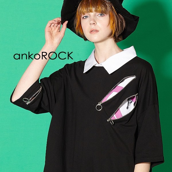 ankoROCK アンコロック ビッグ Tシャツ メンズ カットソー レディース ユニセックス 半袖 ビッグシルエット 襟付き アシンメトリー｜rock-the-bell｜02