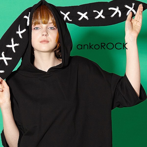 ankoROCK アンコロック メンズ うさ耳 パーカー レディース プルオーバー ユニセックス 服 ブランド 半袖 ビッグシルエット 黒 ブラック｜rock-the-bell｜02