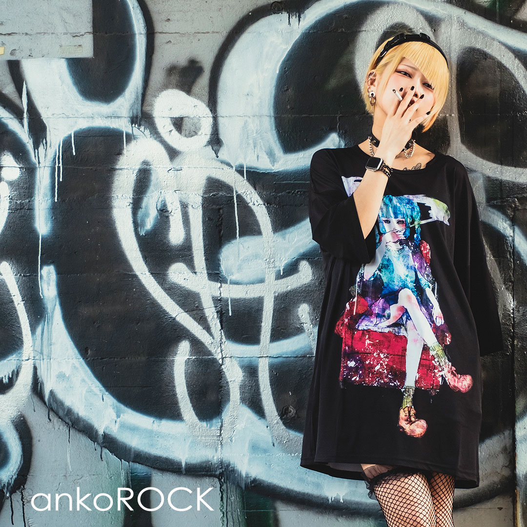 ankoROCK アンコロック ビッグ Tシャツ メンズ カットソー レディース ユニセックス 半袖 ビッグシルエット 黒 女の子 ガール タバコ