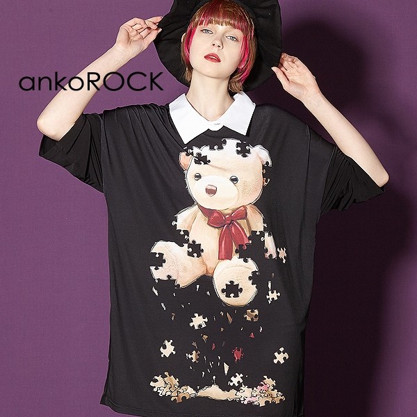 ankoROCK アンコロック ビッグ Tシャツ メンズ カットソー レディース ユニセックス 半袖 ビッグシルエット 襟付き テディベア クマ｜rock-the-bell｜02