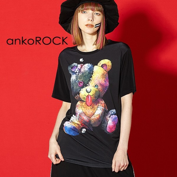 ankoROCK アンコロック ビッグ Tシャツ メンズ カットソー レディース ユニセックス 半袖 ビッグシルエット 黒 プリント テディベア クマ