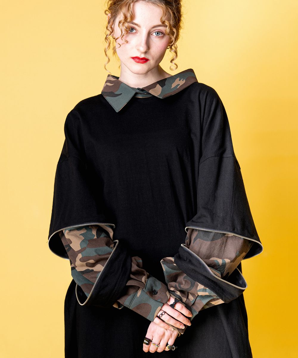 ankoROCK オープンジップフェイクレイヤーカモフラシャツカットソー