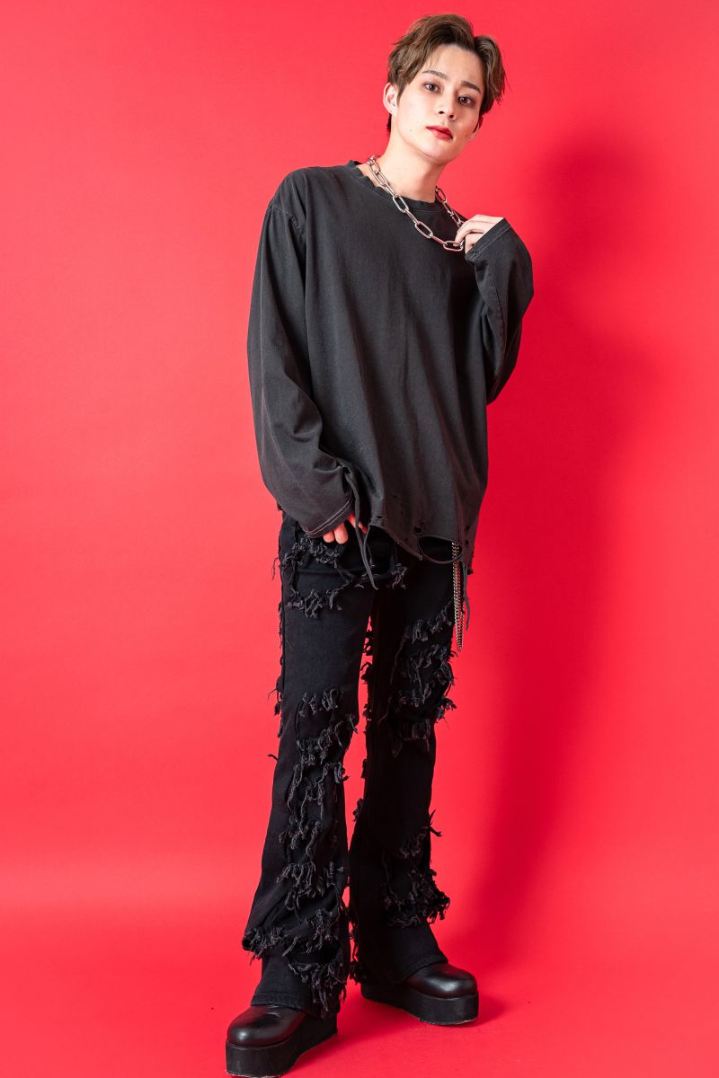 ankoROCK クラッシュ＆ダメージデニムスリムフレアパンツ : ankoROCK