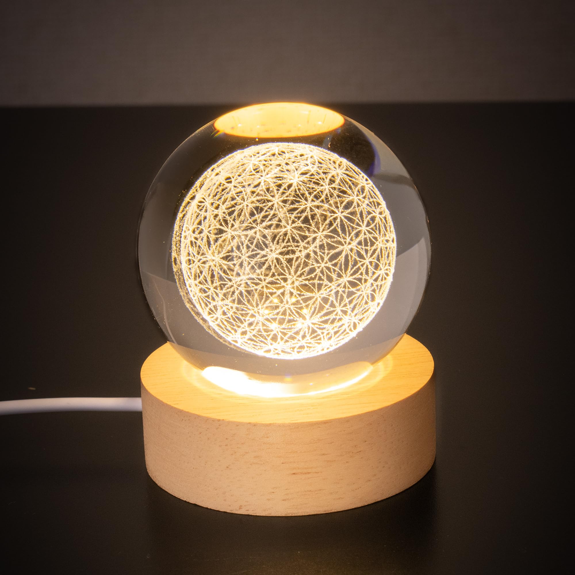 フラワーオブライフ 丸玉 LEDライト 置物 テーブルランプ 寝室 木製LED