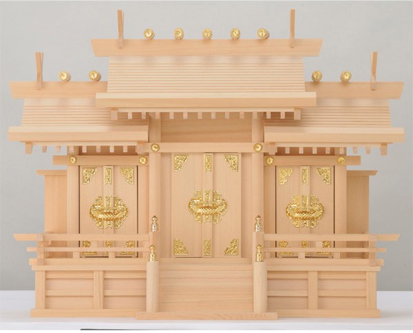 国産木曽檜製神棚 屋根違い三社神棚 サイズ：中 日本製神棚 白木 無