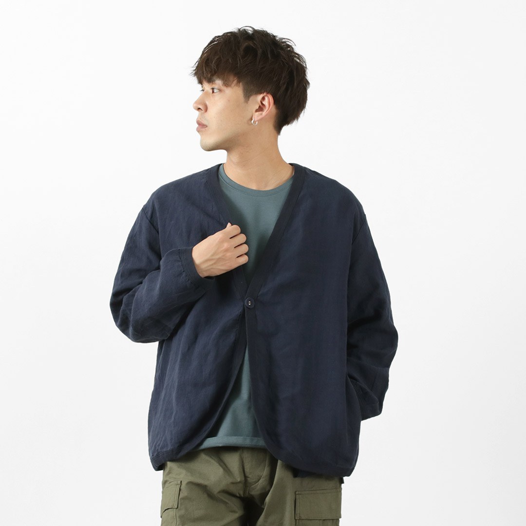 RE MADE IN TOKYO JAPAN（アールイー） フレンチ リネン ワン ボタン カーディガン   メンズ   麻   上品   無地   日本製