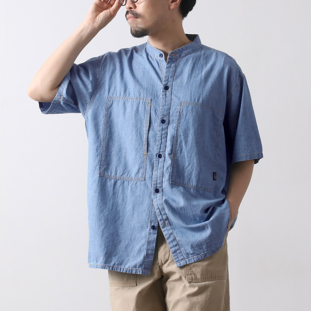 GOHEMP（ゴーヘンプ） ヘンプコットンシャンブレー ワーク ノーカラーシャツ / メンズ 半袖 バンドカラー | GOHEMP | 01