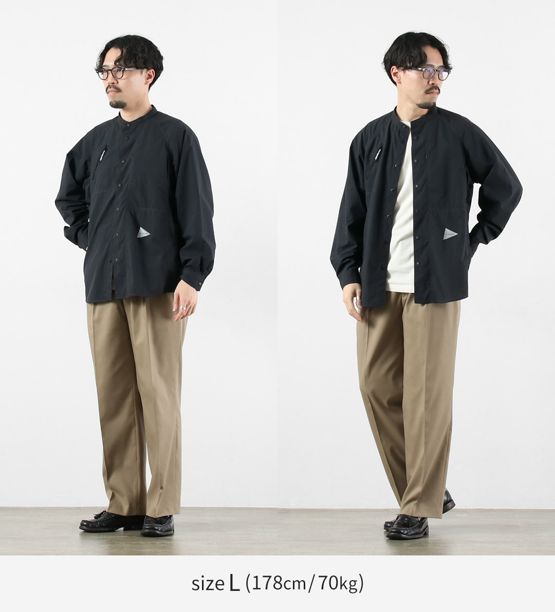 and wander（アンドワンダー） ストレッチ リップ バンドカラーシャツ