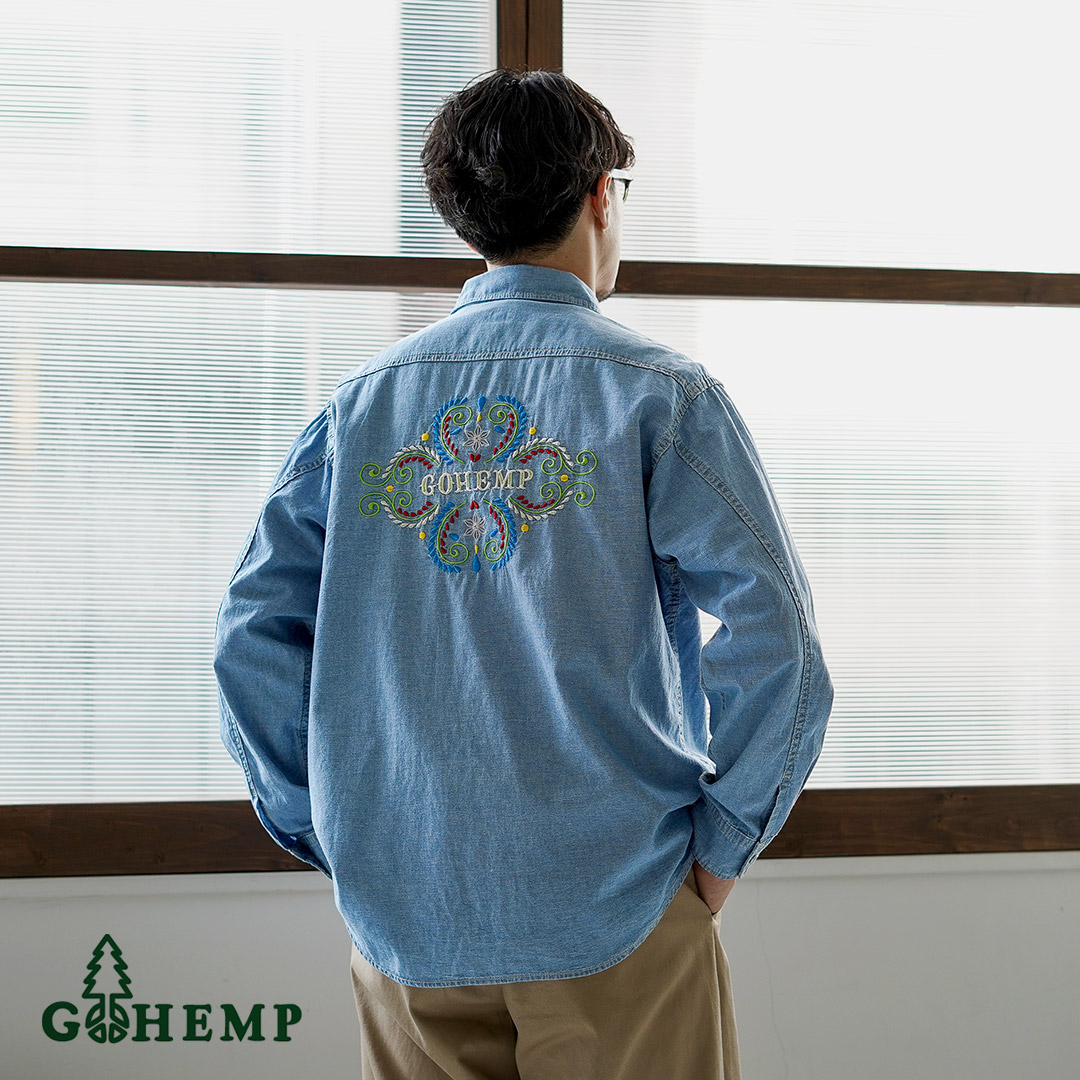 GOHEMP（ゴーヘンプ） 刺繍 プリーツワークシャツ ヘンプコットンシャンブレー / メンズ 長袖 吸湿 速乾 |  | 04