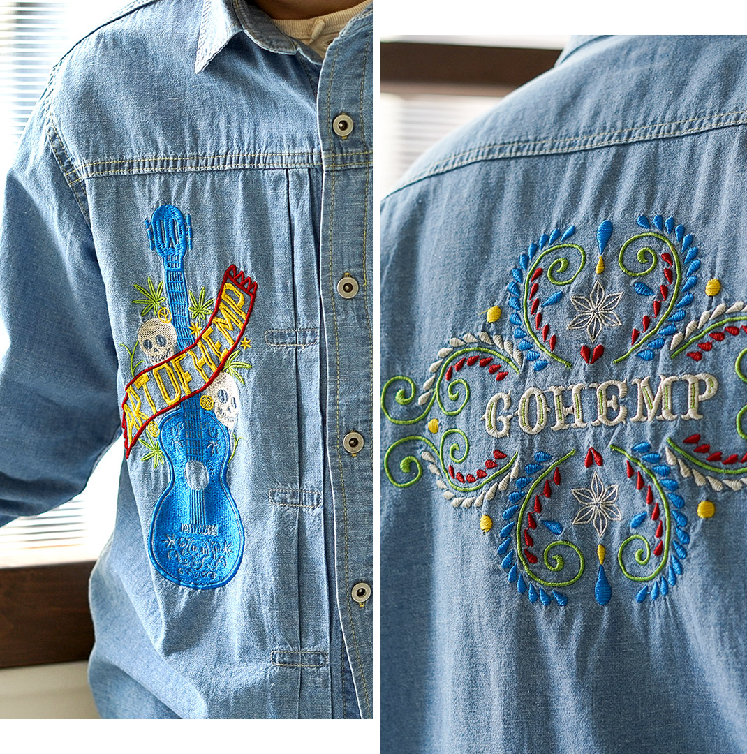 GOHEMP（ゴーヘンプ） 刺繍 プリーツワークシャツ ヘンプコットンシャンブレー / メンズ 長袖 吸湿 速乾 |  | 05