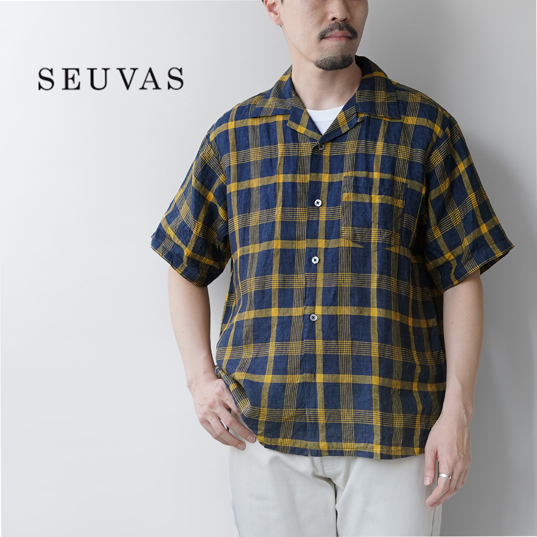 SEUVAS（ソウバス） リネン オープンカラーシャツ 日本製 / メンズ 半袖 チェック | SEUVAS