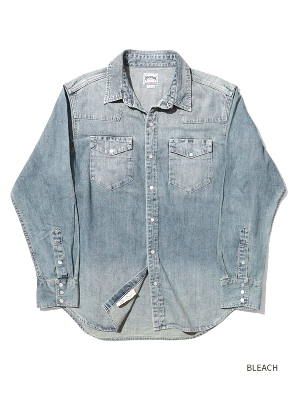 HOUSTON ヒューストン デニム シャツ アメリカ綿 ウエスタンシャツ 長袖 インディゴ ヴィンテージ ウォッシュ ブリーチ 40695 USA COTTON DENIM WESTERN SHIRT HOUSTON（ヒューストン） デニム シャツ アメリカ綿 ウエスタン 長袖