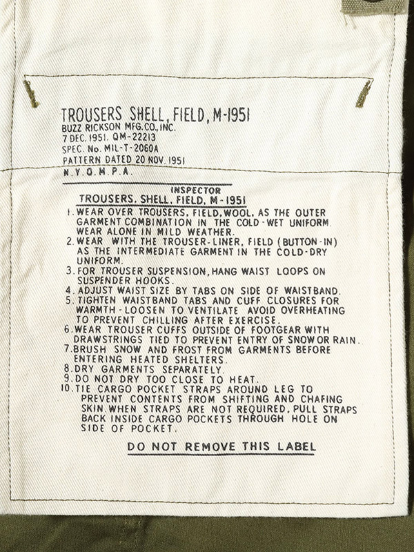BUZZ RICKSON'S バズリクソンズ TROUSERS SHELL FILD M-1951 SHORT LENGTH カーゴパンツ BR42529の画像