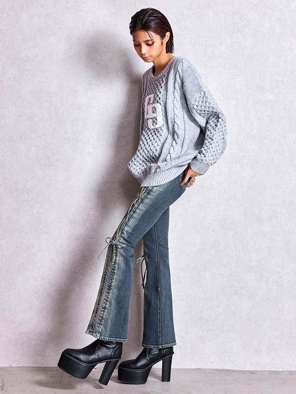 GYDA（ジェイダ） デニム パンツ ハイウエスト ECO FUR サイド レース