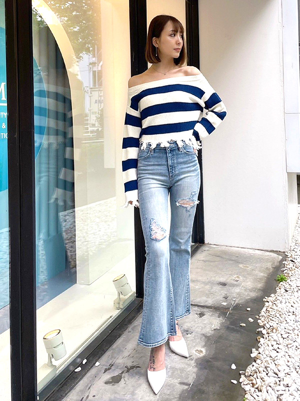 ジェイダ GYDA セミフレアクラッシュデニムパンツ （インディゴ