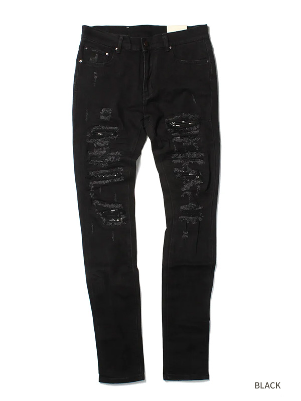 mnml クラッシュ ペイズリー ダメージ加工 スキニーデニム 黒 mnml ミニマル スキニー X165 PASLEY STRETCH DENIM ペイズリー