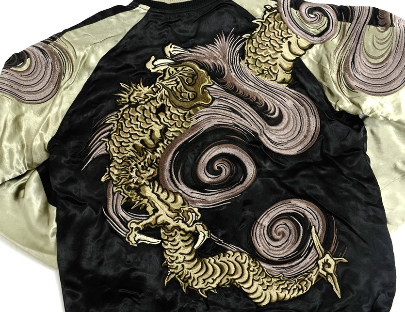 美品　花旅楽団 リバーシブル スカジャン 渦龍 和柄 刺繍　レーヨン 黒 L 花旅楽団[ﾊﾅﾀﾋﾞｶﾞｸﾀﾞﾝ] 渦龍柄 刺繍 リバーシブル 和柄スカジャン/SSJ