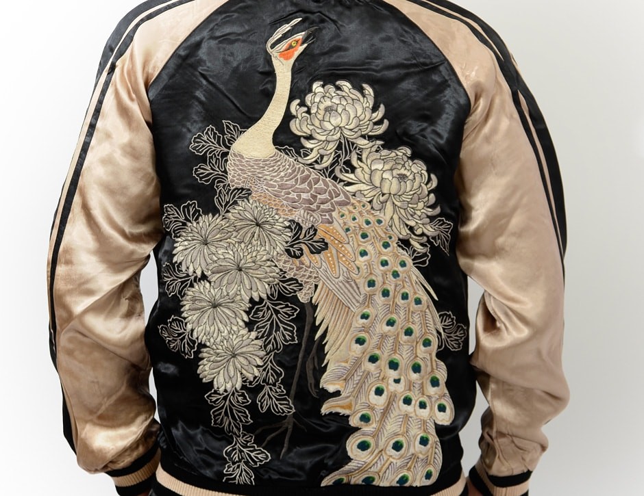花旅楽団 和柄 スカジャン 菊 花 白孔雀 リバーシブル 刺繍 SCRIPT SSJ